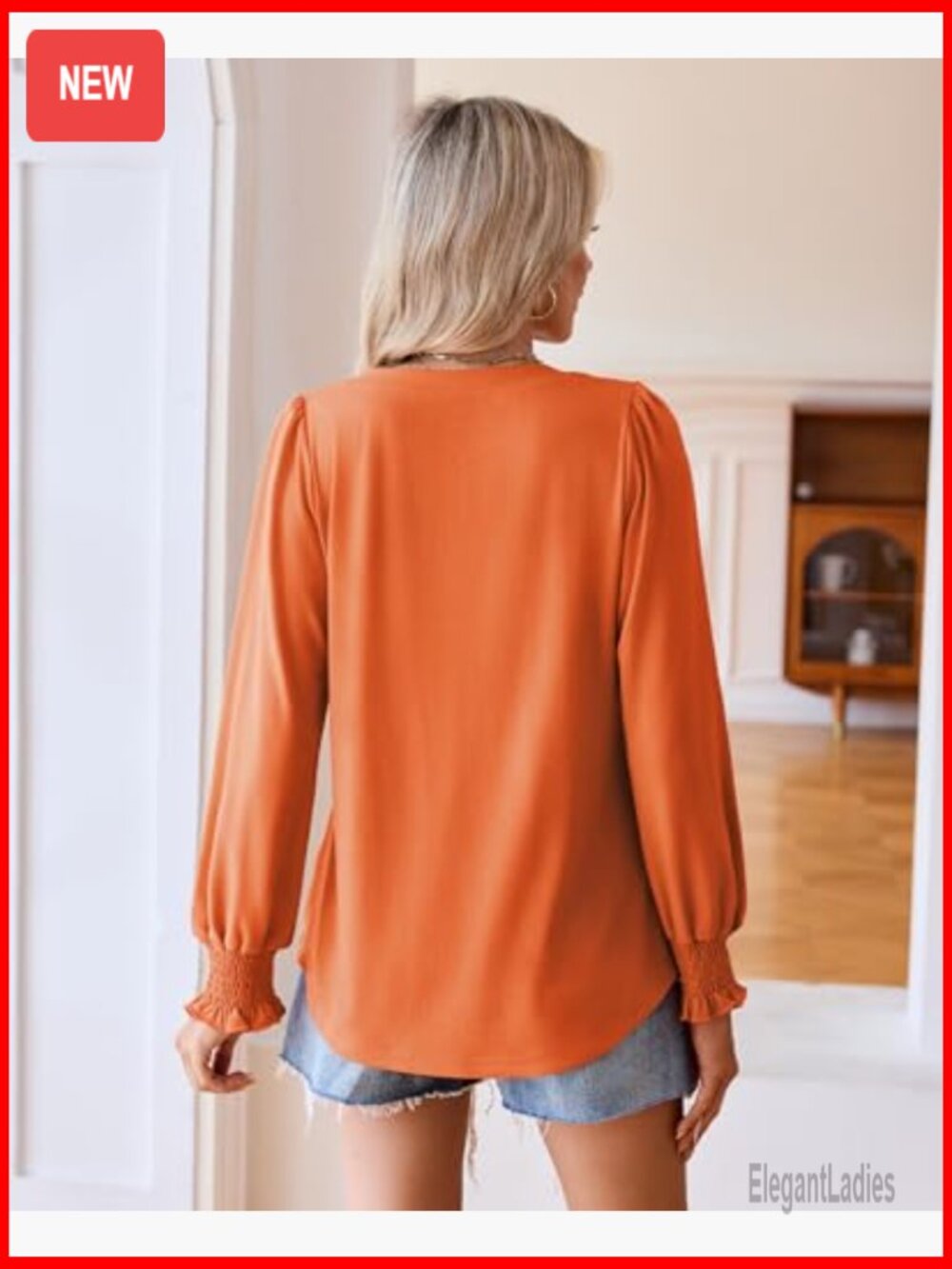 Women's V-Neck Long Sleeve Tunic Blouse Dressy Casual Tops with Smocked Cuffs - Picture 5 of 7